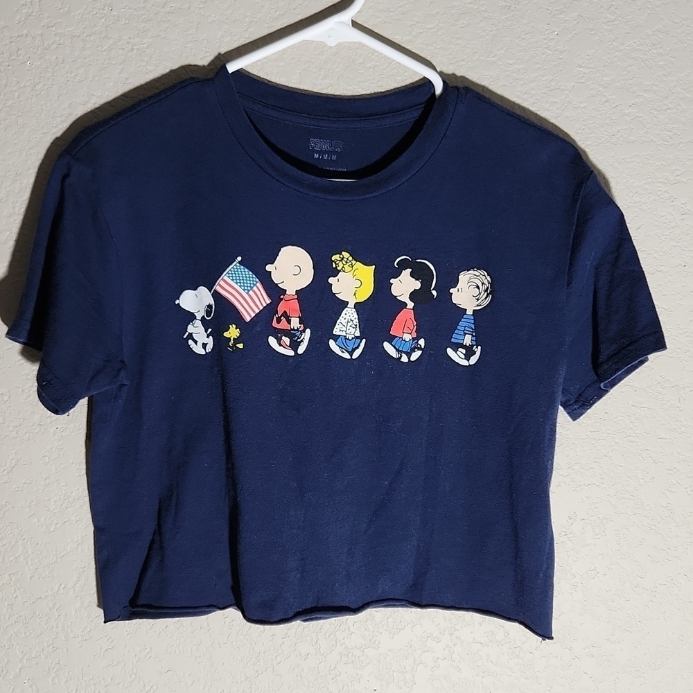Peanuts Crop Top Womens Size M shirt Charley Brown blue July 4th raw hem